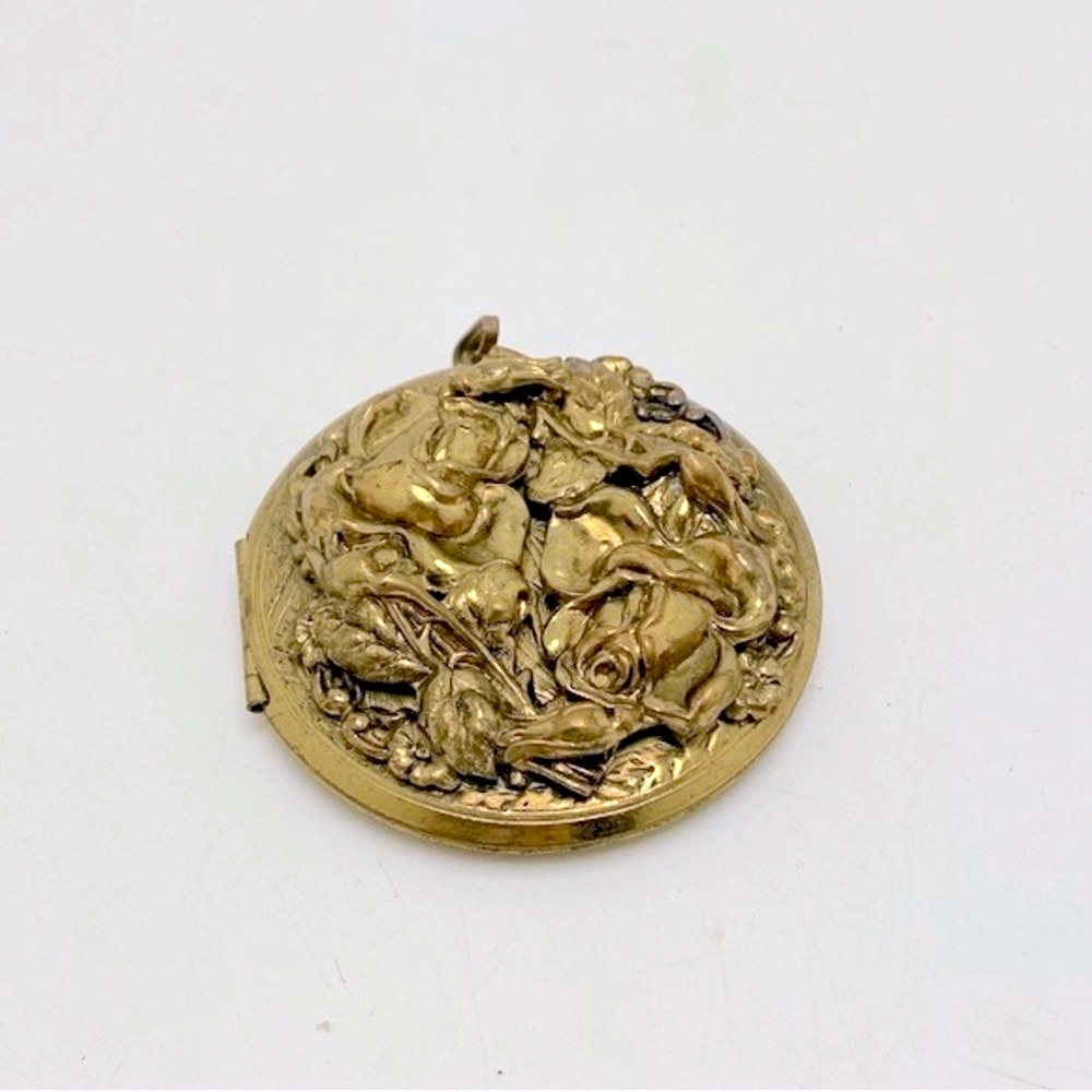 Vintage 1970’s Brass Locket Pendant Roses & Lillies